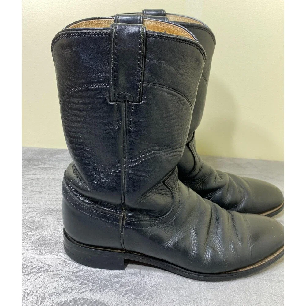 Vintage Justin 3133 Boots Mens Size 8D Black Leather Western Roper Cowboy Ranch